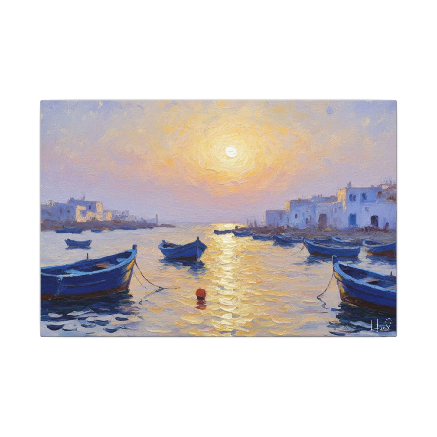 Seaside Sunset Canvas Print — Boats on Tranquil Harbor Wall Art