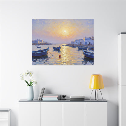 Seaside Sunset Canvas Print — Boats on Tranquil Harbor Wall Art