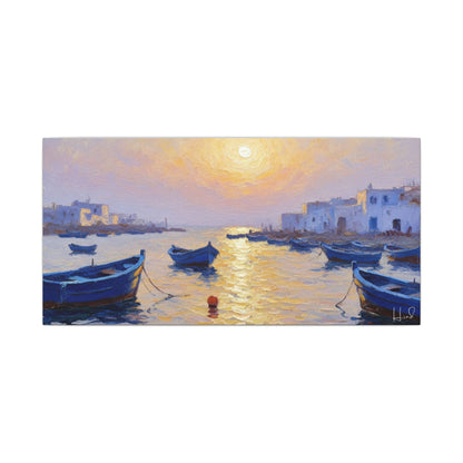 Seaside Sunset Canvas Print — Boats on Tranquil Harbor Wall Art