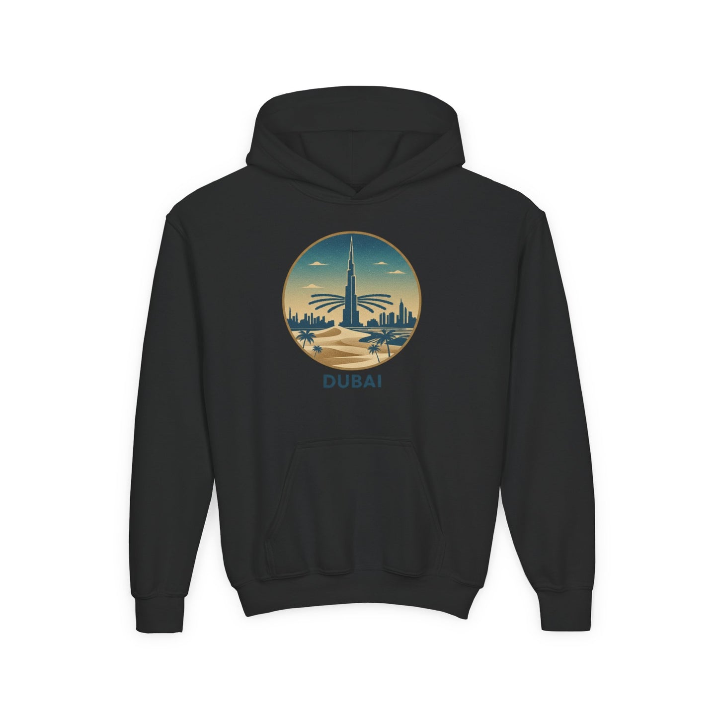 Dubai Skyline Youth Hoodie — Retro Desert Sunset Travel Sweatshirt