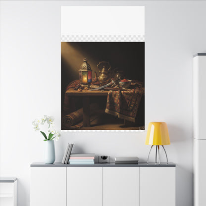 Oriental Still Life Canvas — Vintage Brass Teapot & Lantern Wall Art