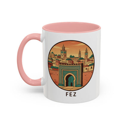 Mug à café Fez Landmark Accent — Souvenir de voyage représentant un paysage urbain marocain (11/15 oz)