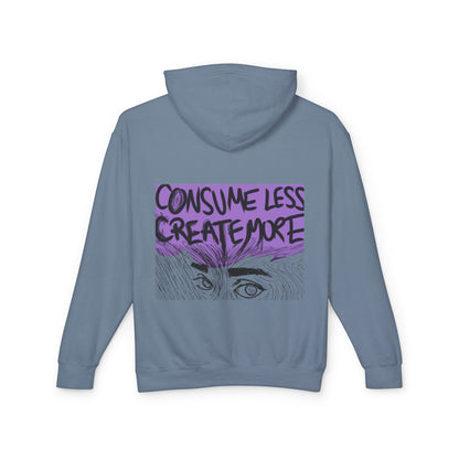 Hoodie — "Consume Less Create More" Art Print Lightweight Pullover