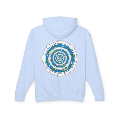 Circular World Map Hoodie — Planet Orbit Graphic Lightweight Hooded Sweatshirt
