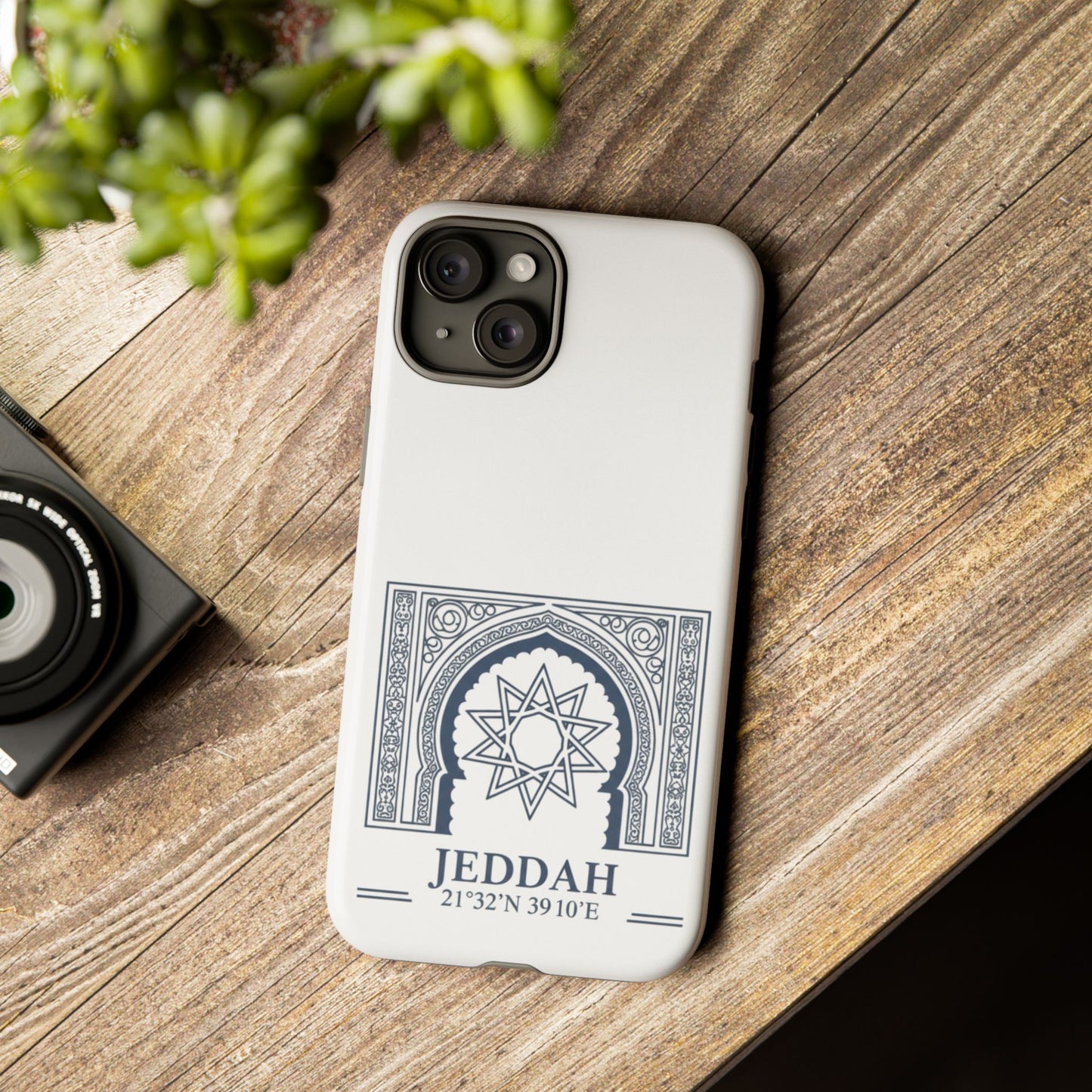Jeddah Coordinates Phone Case — Arabic Arch Geometric Design