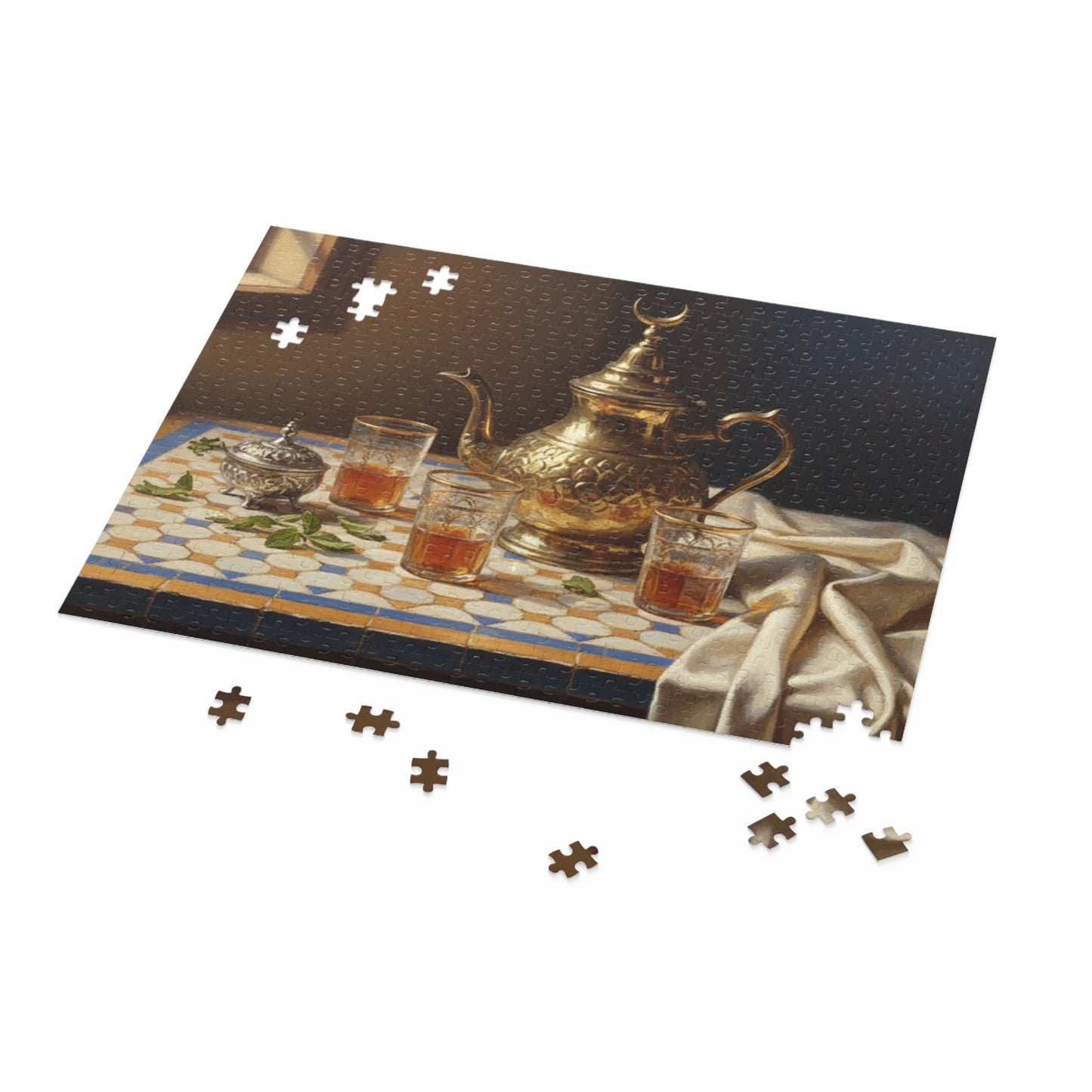 Moroccan Tea Set Jigsaw Puzzle — Vintage Brass Teapot & Glasses (120/252/500 pcs)