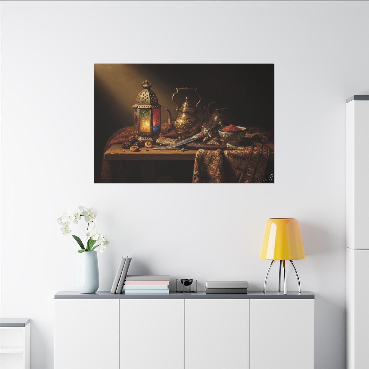 Oriental Still Life Canvas — Vintage Brass Teapot & Lantern Wall Art