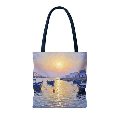 Sunset Harbor Tote Bag - Seaside Boats Art Print