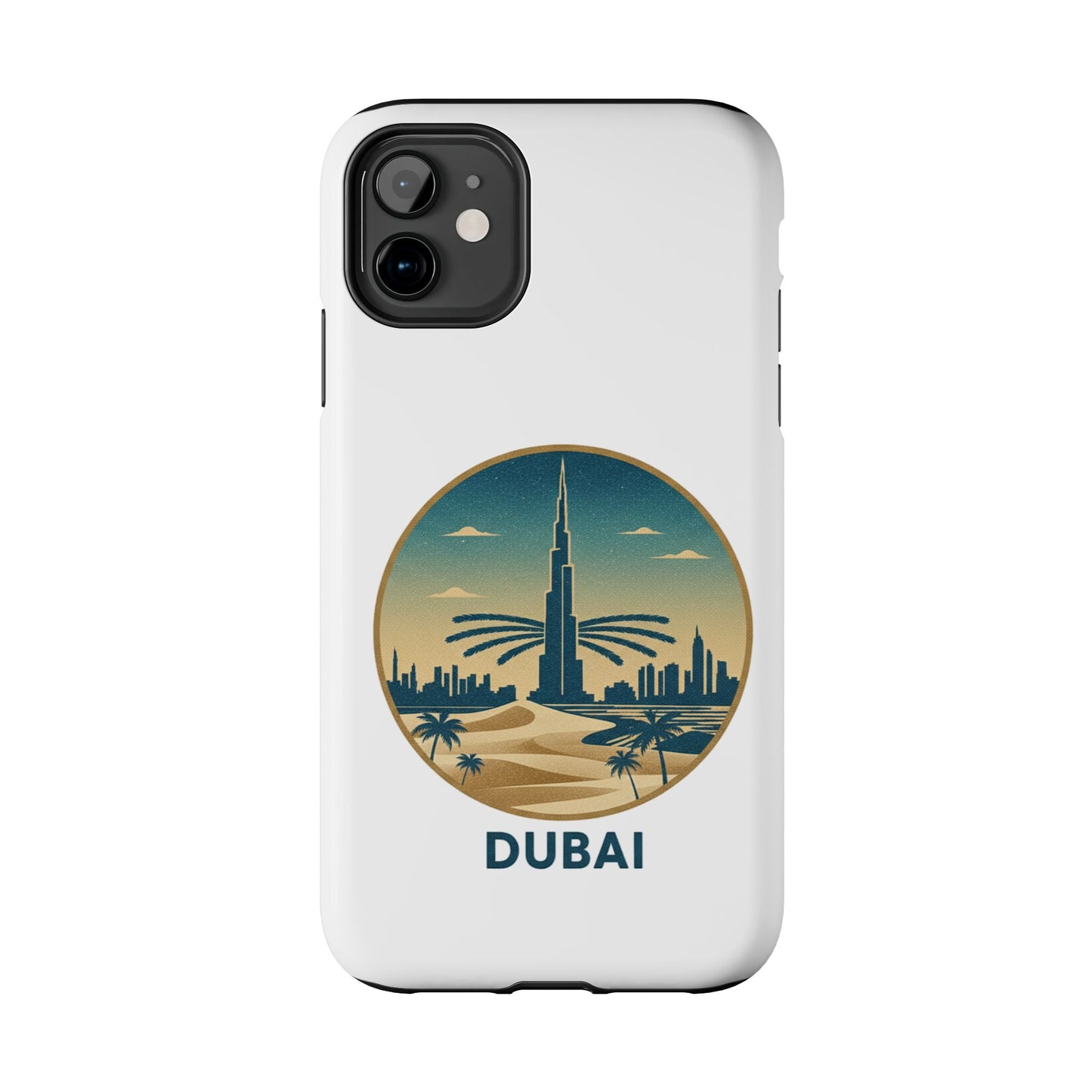 Coque de téléphone résistante motif skyline de Dubaï — Étui de voyage rétro palmiers du désert