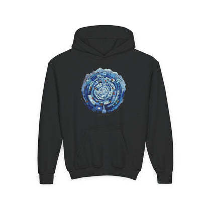 Youth Hoodie — Blue Geometric Mandala Graphic