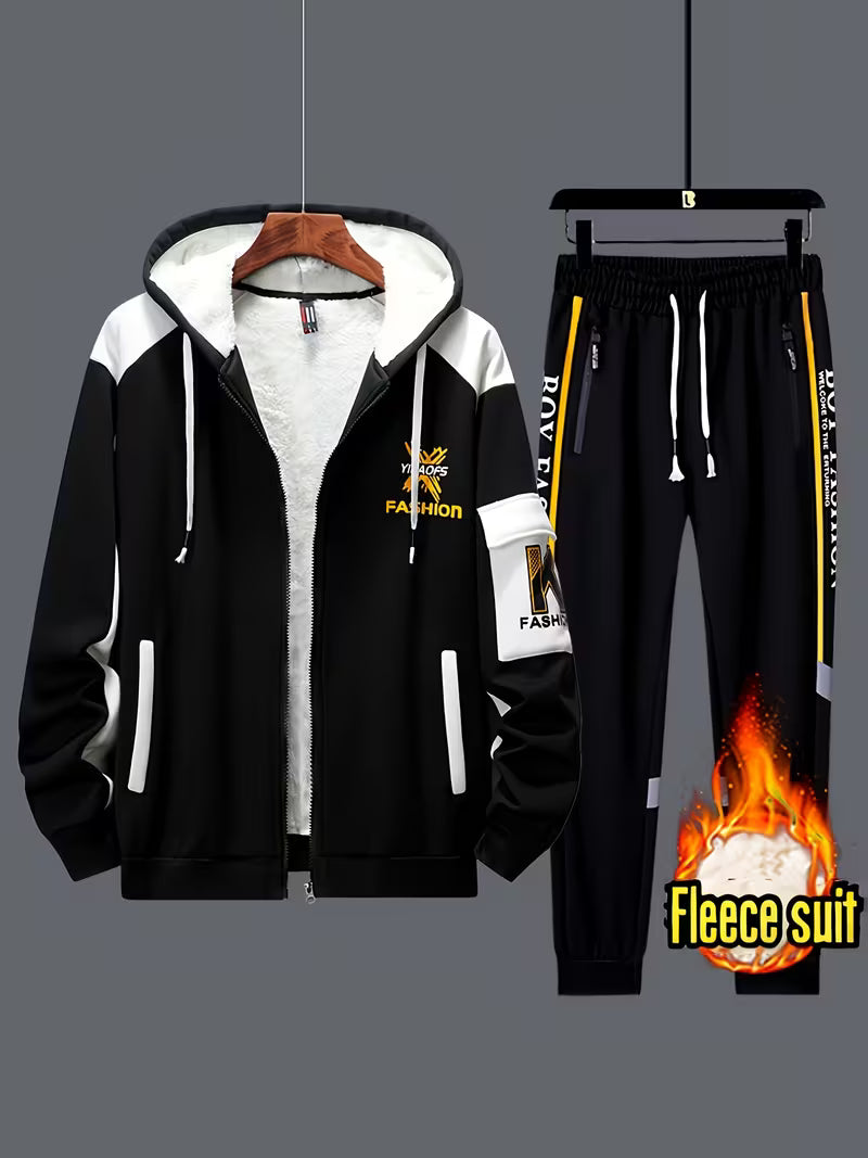 2pcs Men's -Lined Thickened Winter Jacket and Pants Set