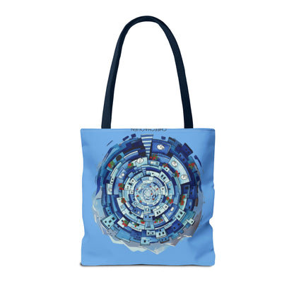 Blue Circular Cityscape Tote Bag — Abstract Urban Spiral All-Over Print Tote