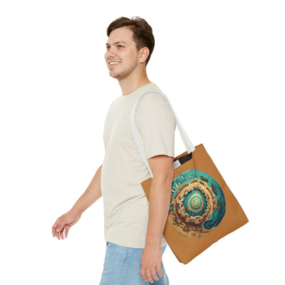 Round Cityscape Tote Bag — Abstract Turquoise & Gold Planet Design