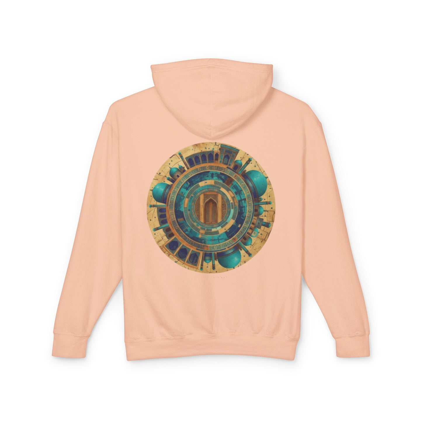 Hoodie — Vintage Teal & Gold Circular Architectural Graphic Hooded Sweatshirt