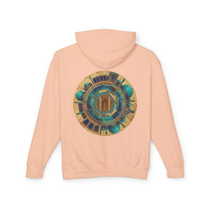 Hoodie — Vintage Teal & Gold Circular Architectural Graphic Hooded Sweatshirt