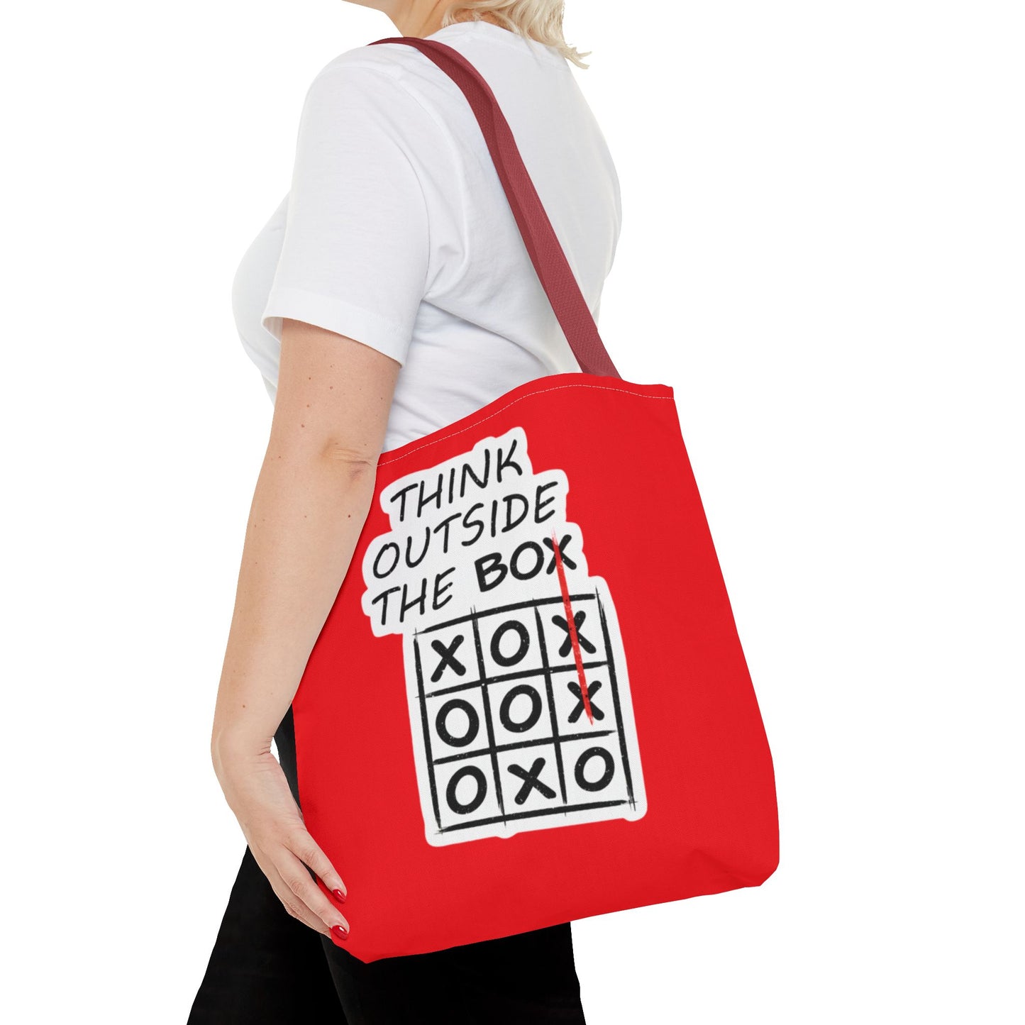 Think Outside the Box Tote Bag — Red Tic-Tac-Toe Motivational Canvas Tote