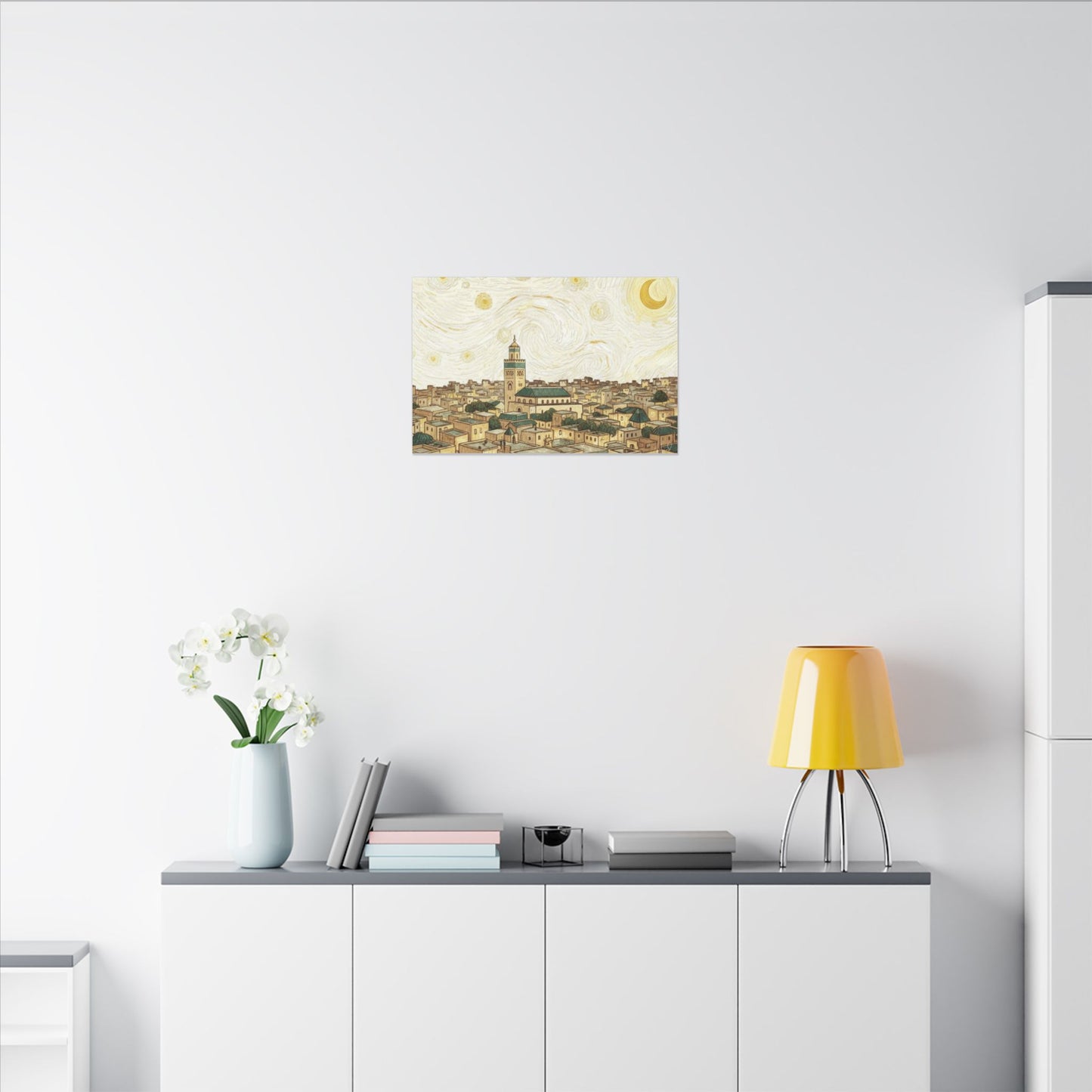 Moroccan Cityscape Canvas Print — Starry Night-Inspired Mosque Wall Art