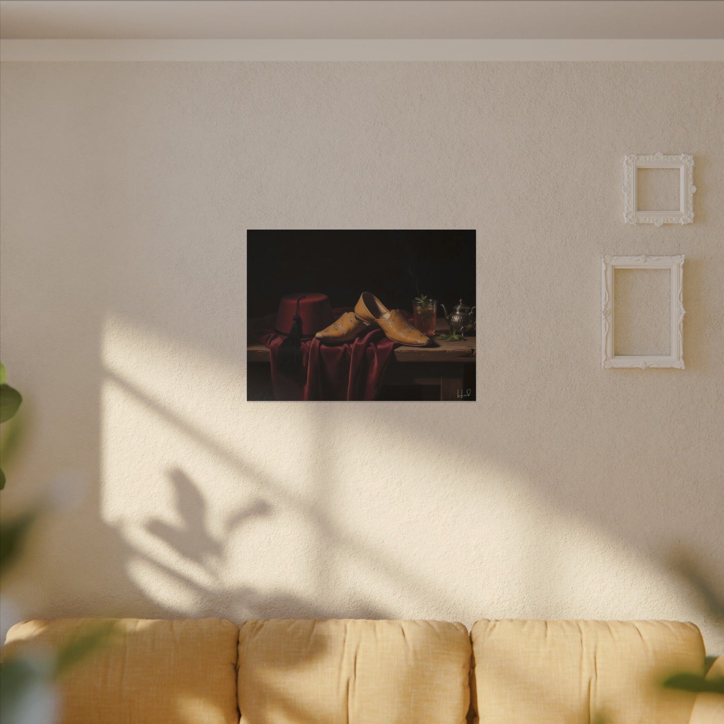 Nature morte sur toile — Chaussures en cuir et fez, décoration murale