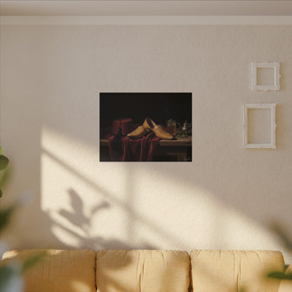 Nature morte sur toile — Chaussures en cuir et fez, décoration murale