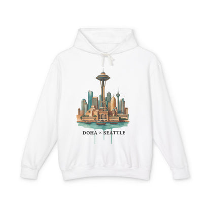 Doha x Seattle Skyline Hoodie — Retro Cityscape Pullover