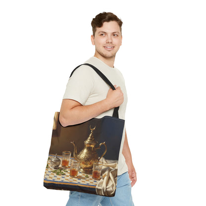Moroccan Tea Set Tote Bag — Brass Teapot & Glasses AOP Tote