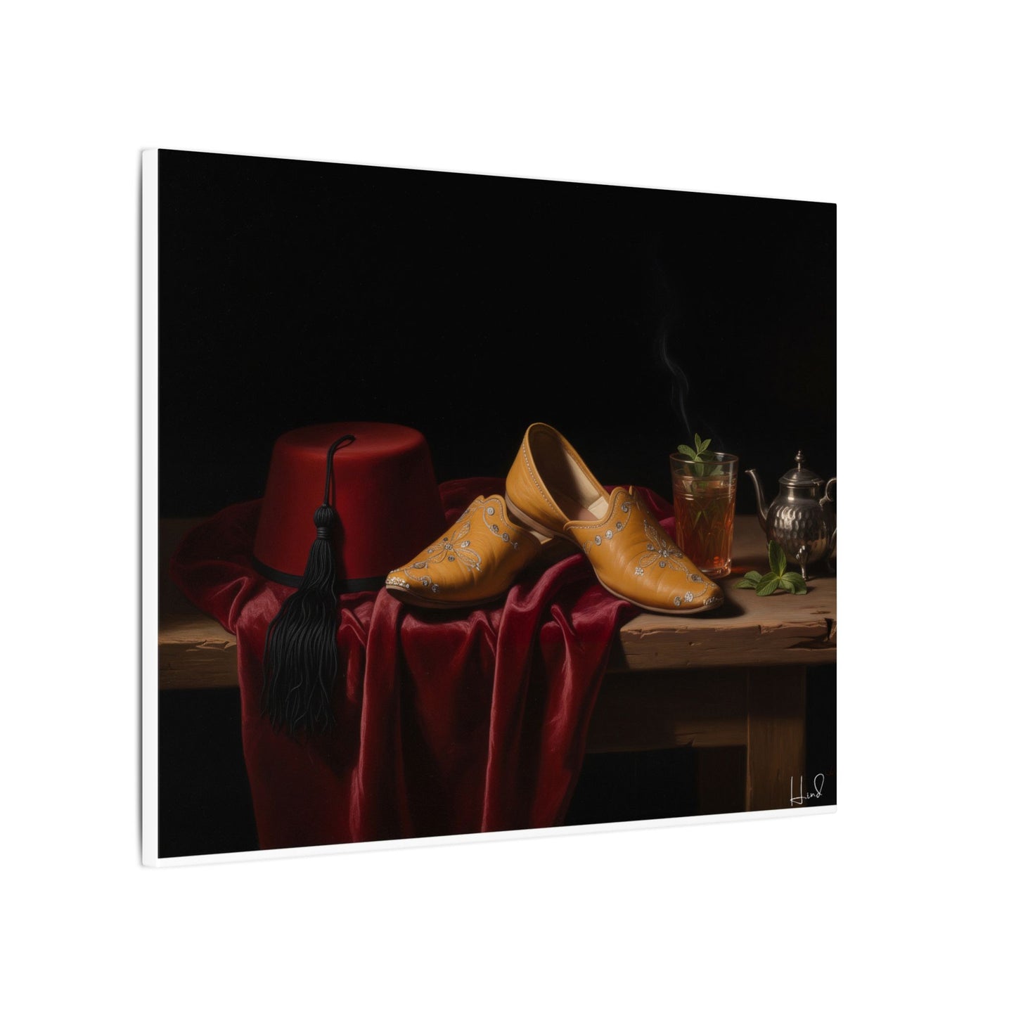 Nature morte sur toile — Chaussures en cuir et fez, décoration murale