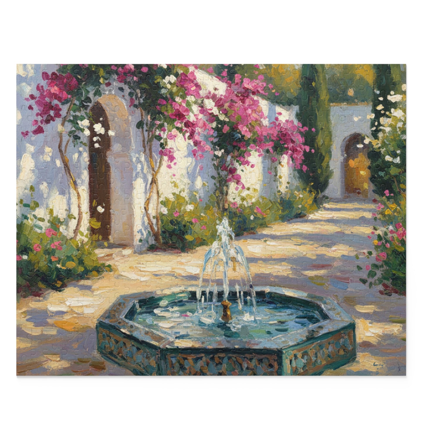 Mediterranean Courtyard Puzzle — Fountain & Bougainvillea 120/252/500-Piece Jigsaw