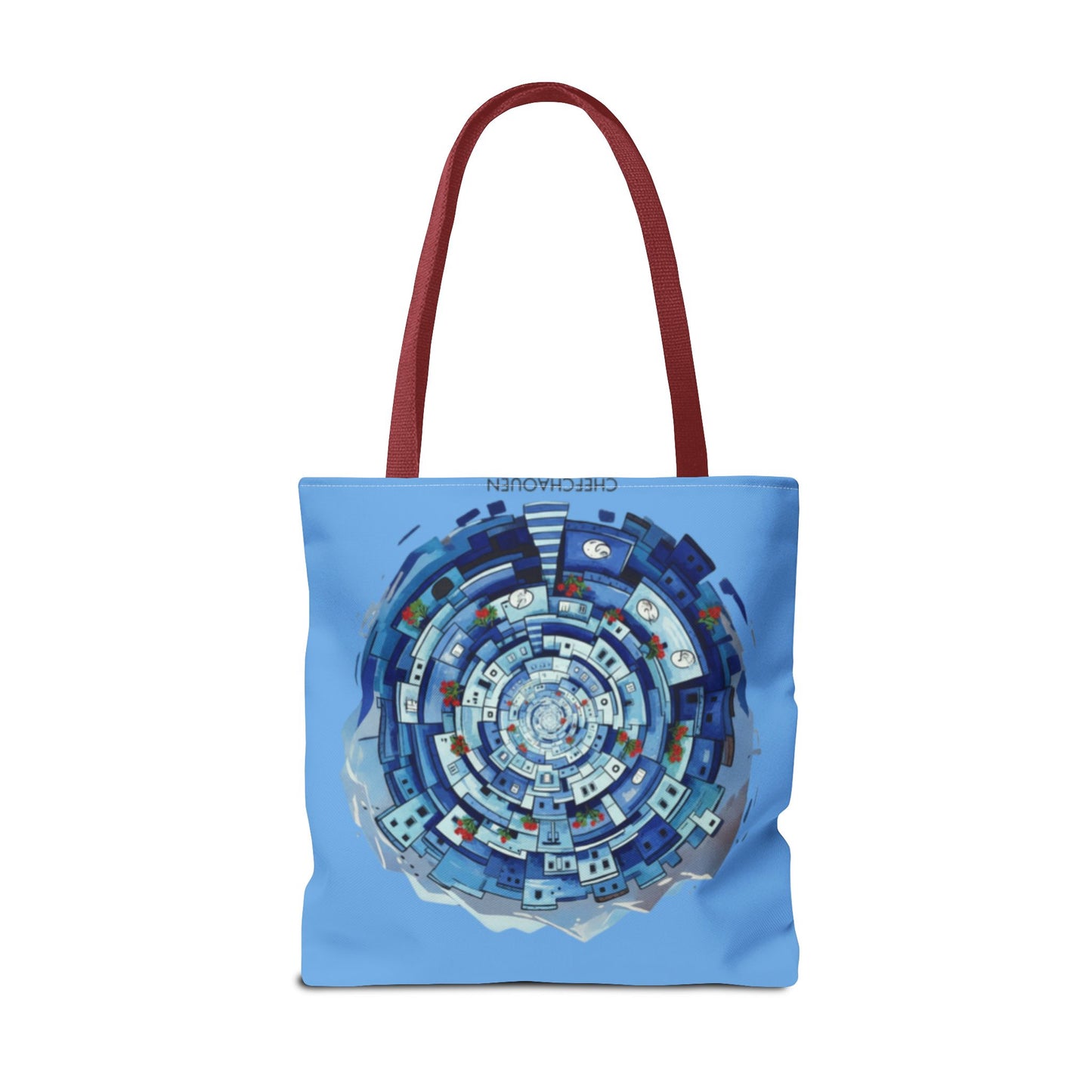 Blue Circular Cityscape Tote Bag — Abstract Urban Spiral All-Over Print Tote