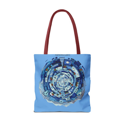 Blue Circular Cityscape Tote Bag — Abstract Urban Spiral All-Over Print Tote