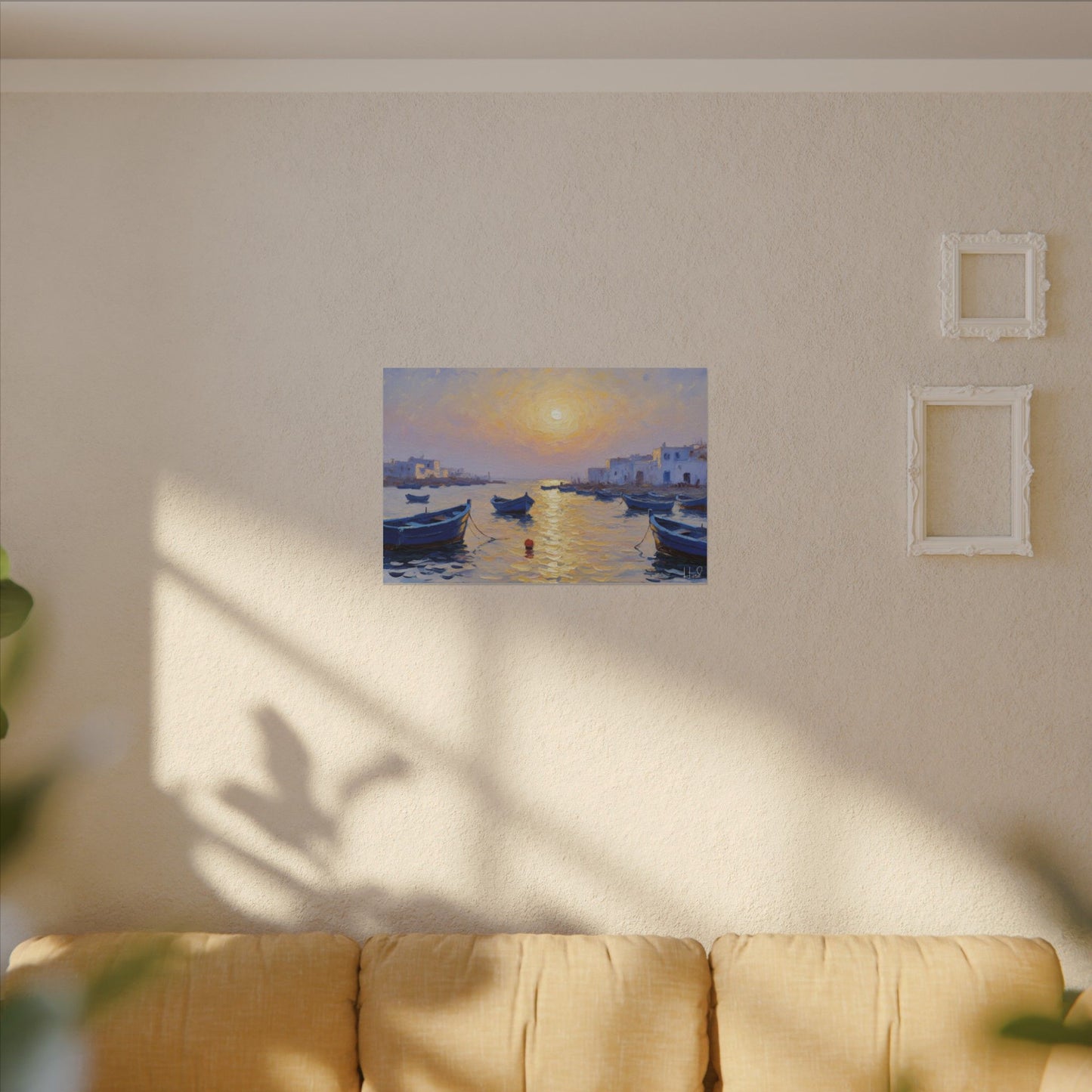 Seaside Sunset Canvas Print — Boats on Tranquil Harbor Wall Art