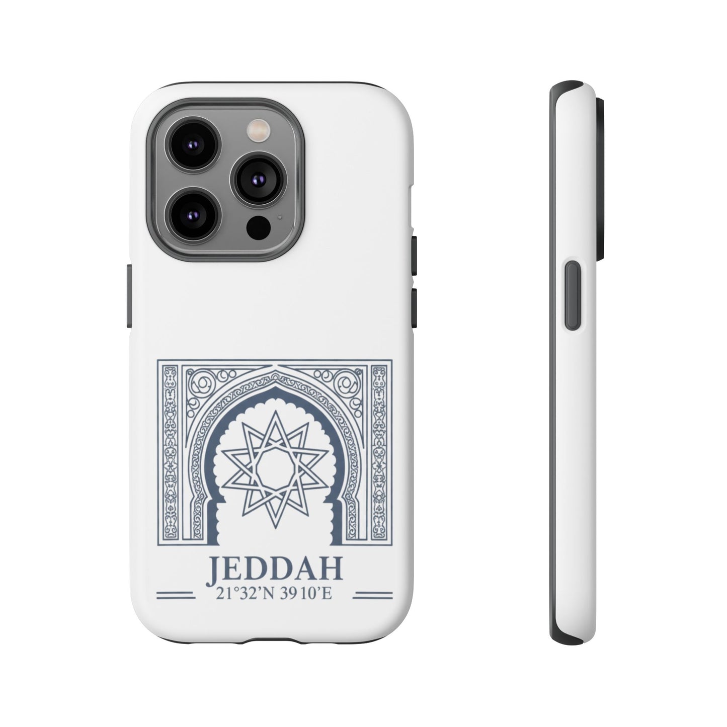 Jeddah Coordinates Phone Case — Arabic Arch Geometric Design