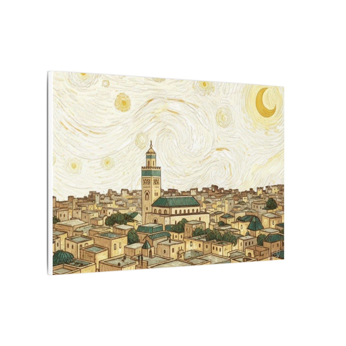 Moroccan Cityscape Canvas Print — Starry Night-Inspired Mosque Wall Art
