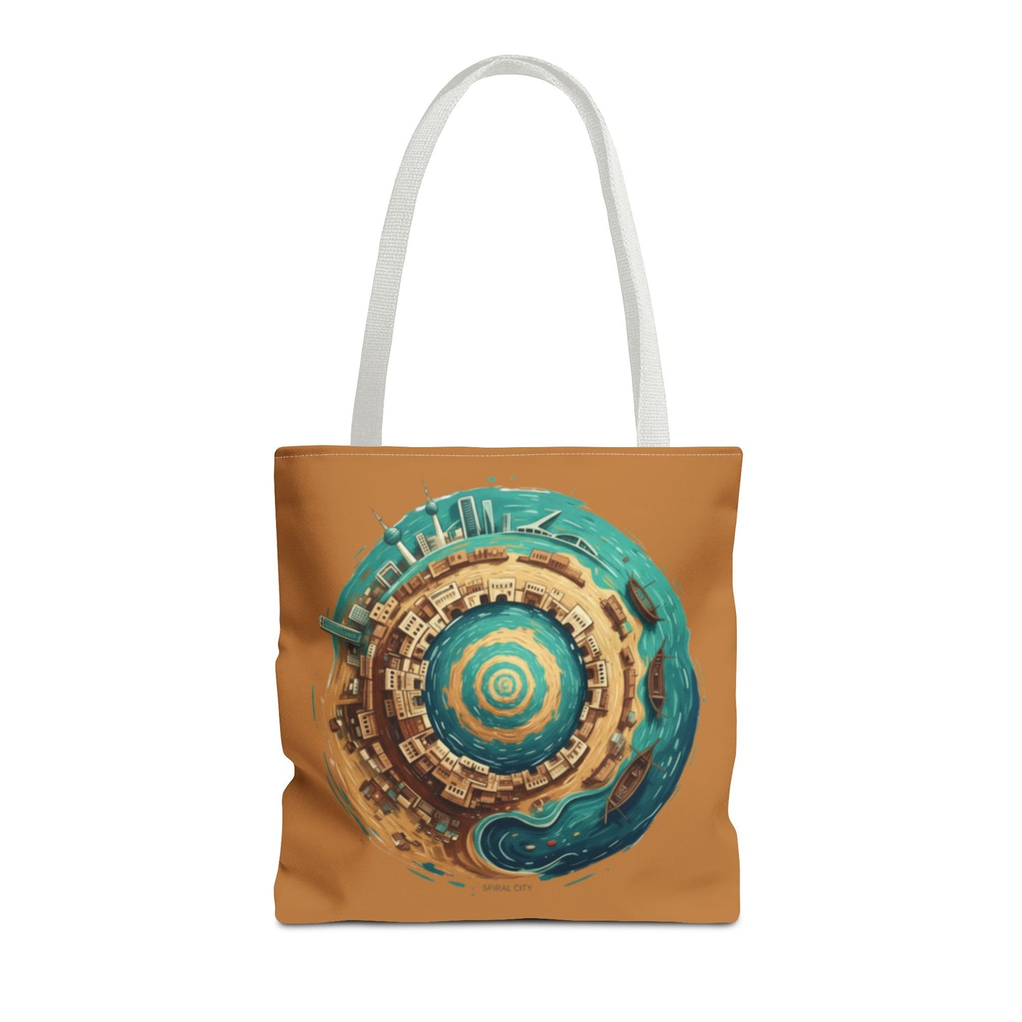 Round Cityscape Tote Bag — Abstract Turquoise & Gold Planet Design