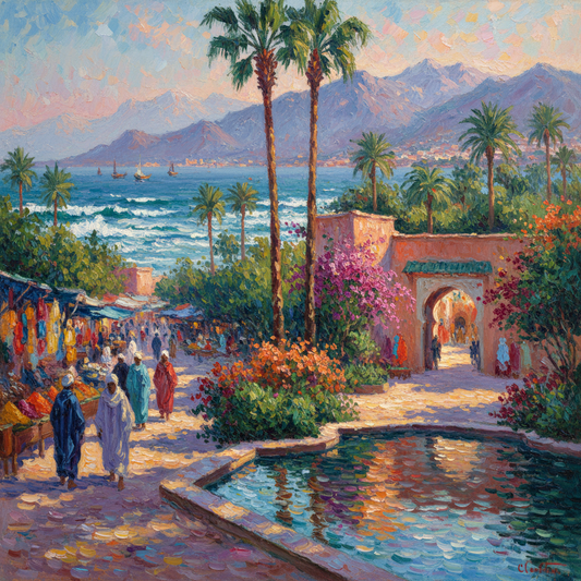 Framed Poster - Mediterranean Coastal Market Art Print, Vibrant Seaside Village Wall Decor