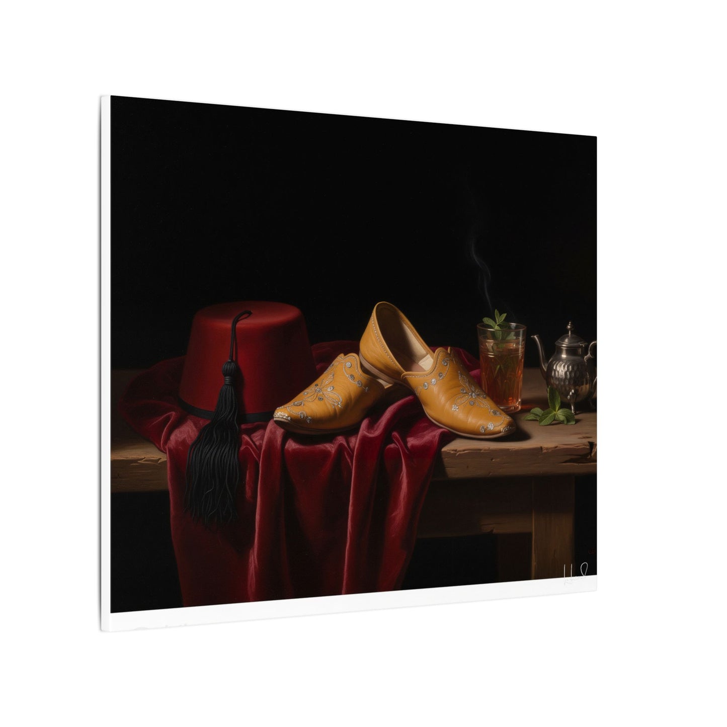 Nature morte sur toile — Chaussures en cuir et fez, décoration murale