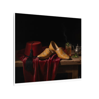 Nature morte sur toile — Chaussures en cuir et fez, décoration murale
