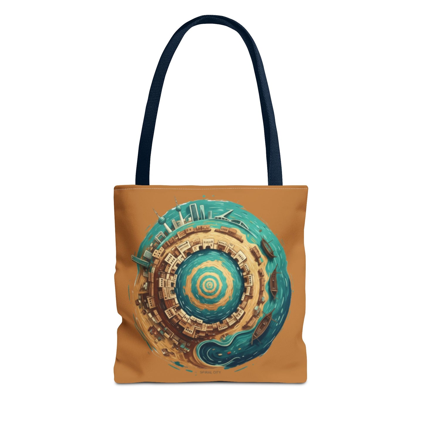 Round Cityscape Tote Bag — Abstract Turquoise & Gold Planet Design