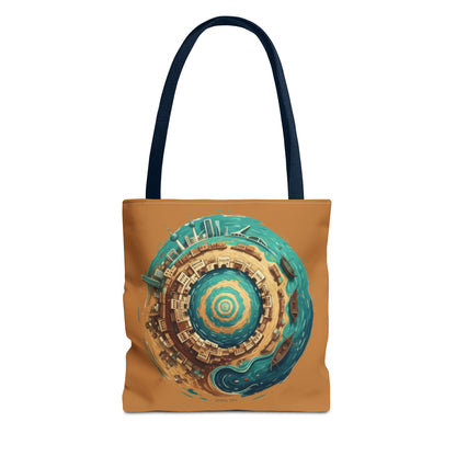 Round Cityscape Tote Bag — Abstract Turquoise & Gold Planet Design