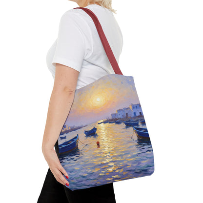 Sunset Harbor Tote Bag - Seaside Boats Art Print