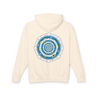 Circular World Map Hoodie — Planet Orbit Graphic Lightweight Hooded Sweatshirt