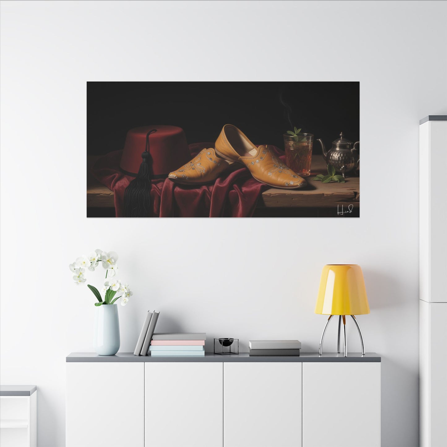 Nature morte sur toile — Chaussures en cuir et fez, décoration murale