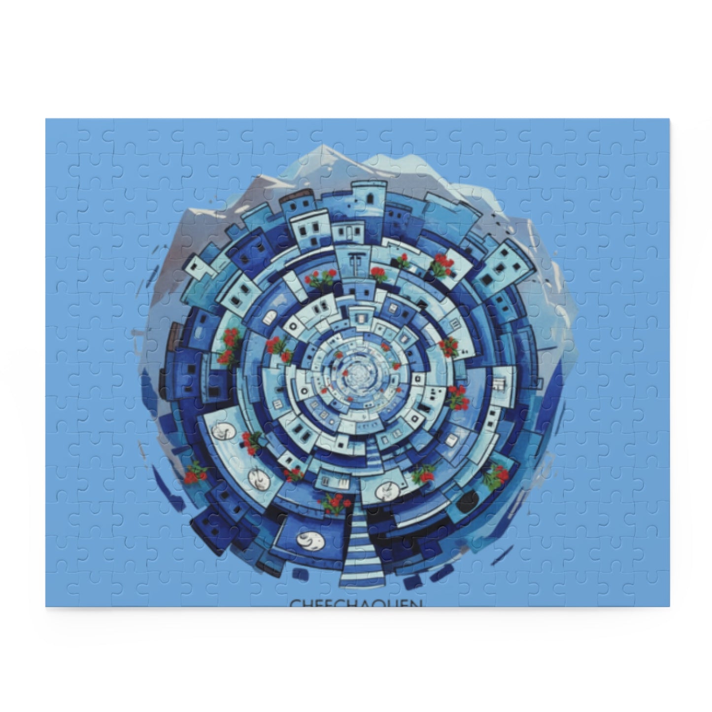Blue Coastal Village Spiral Puzzle — 120/252/500-Piece Jigsaw