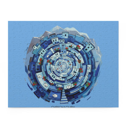Blue Coastal Village Spiral Puzzle — 120/252/500-Piece Jigsaw