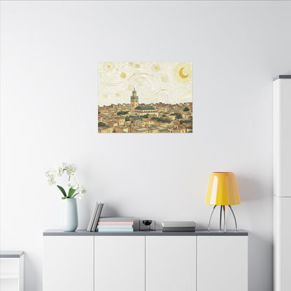 Moroccan Cityscape Canvas Print — Starry Night-Inspired Mosque Wall Art