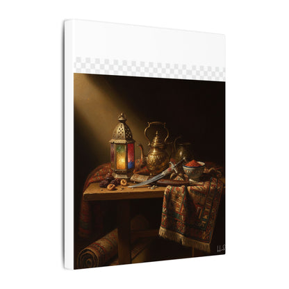 Oriental Still Life Canvas — Vintage Brass Teapot & Lantern Wall Art