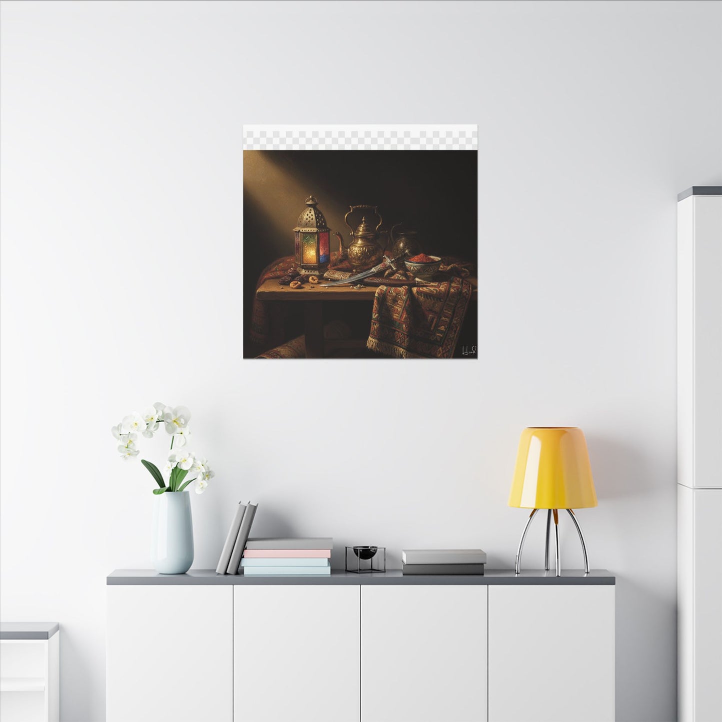Oriental Still Life Canvas — Vintage Brass Teapot & Lantern Wall Art