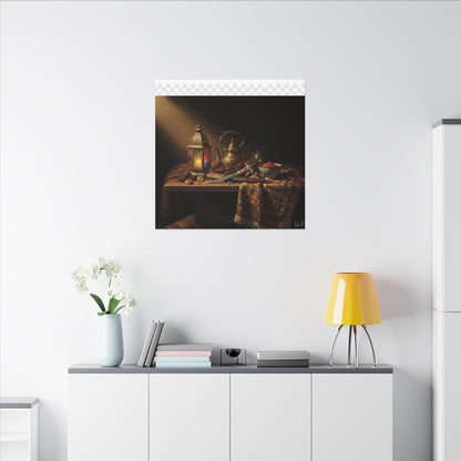Oriental Still Life Canvas — Vintage Brass Teapot & Lantern Wall Art