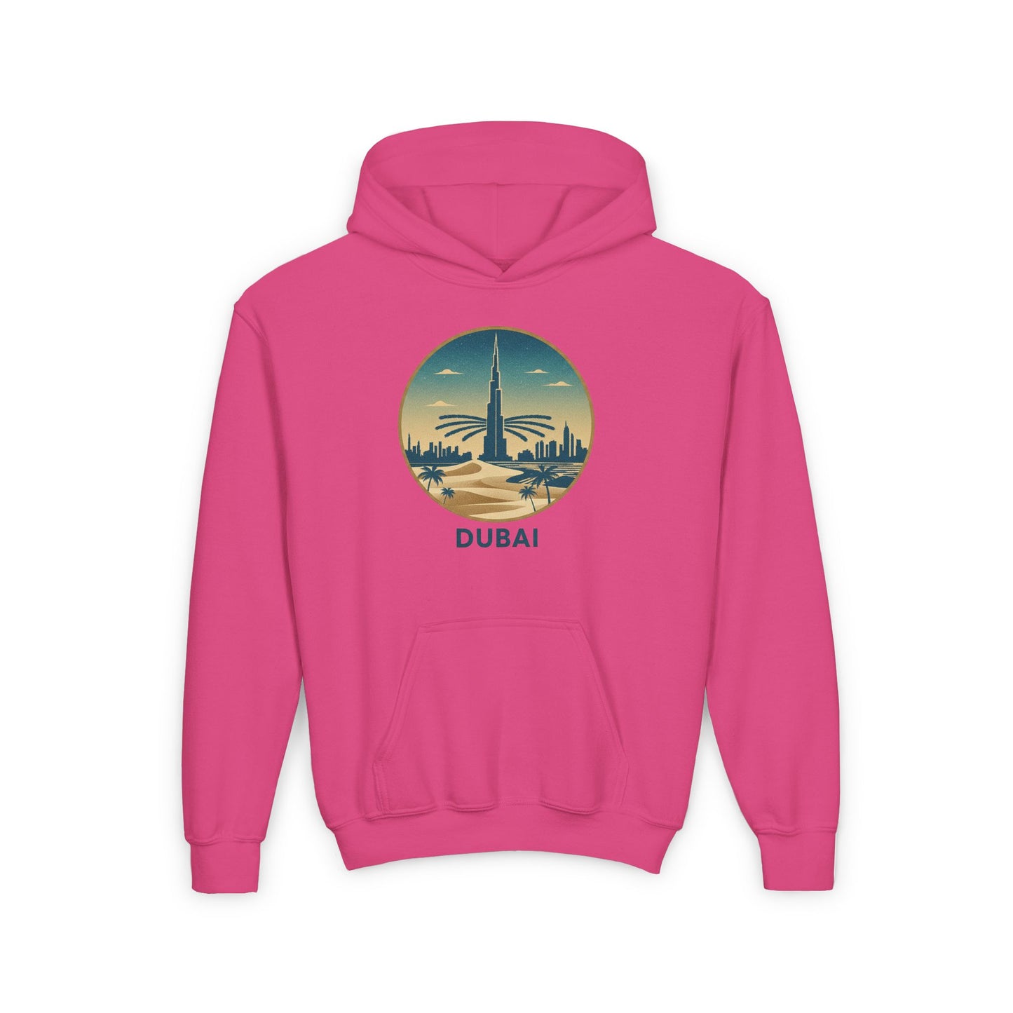 Dubai Skyline Youth Hoodie — Retro Desert Sunset Travel Sweatshirt