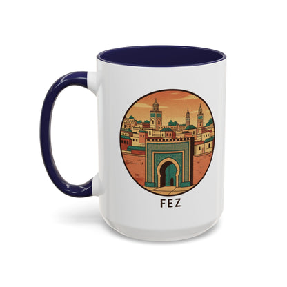 Mug à café Fez Landmark Accent — Souvenir de voyage représentant un paysage urbain marocain (11/15 oz)