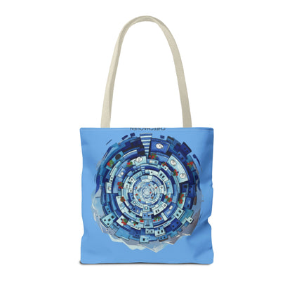 Blue Circular Cityscape Tote Bag — Abstract Urban Spiral All-Over Print Tote